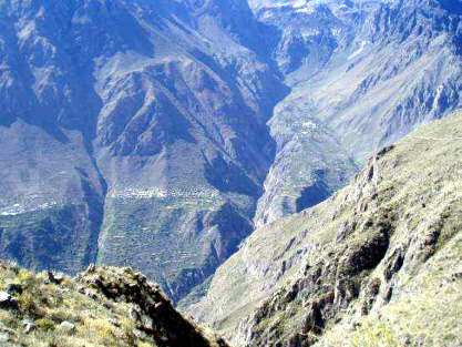 A look across Colca Canyon, with the remote settlements in view.