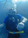 Submerged Battlefield/Tony Overbury glances up at the surface of the Wied iz Zurrieq inlet having positioned a marked line for testing teams neutral buoyancy skills