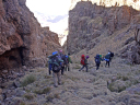 Kwazulu-Natal Venturer/Group 1 make the initial steep section of the descent from the plateau.  Whilst this was sheltered from the severe winds the temperature was well below freezing